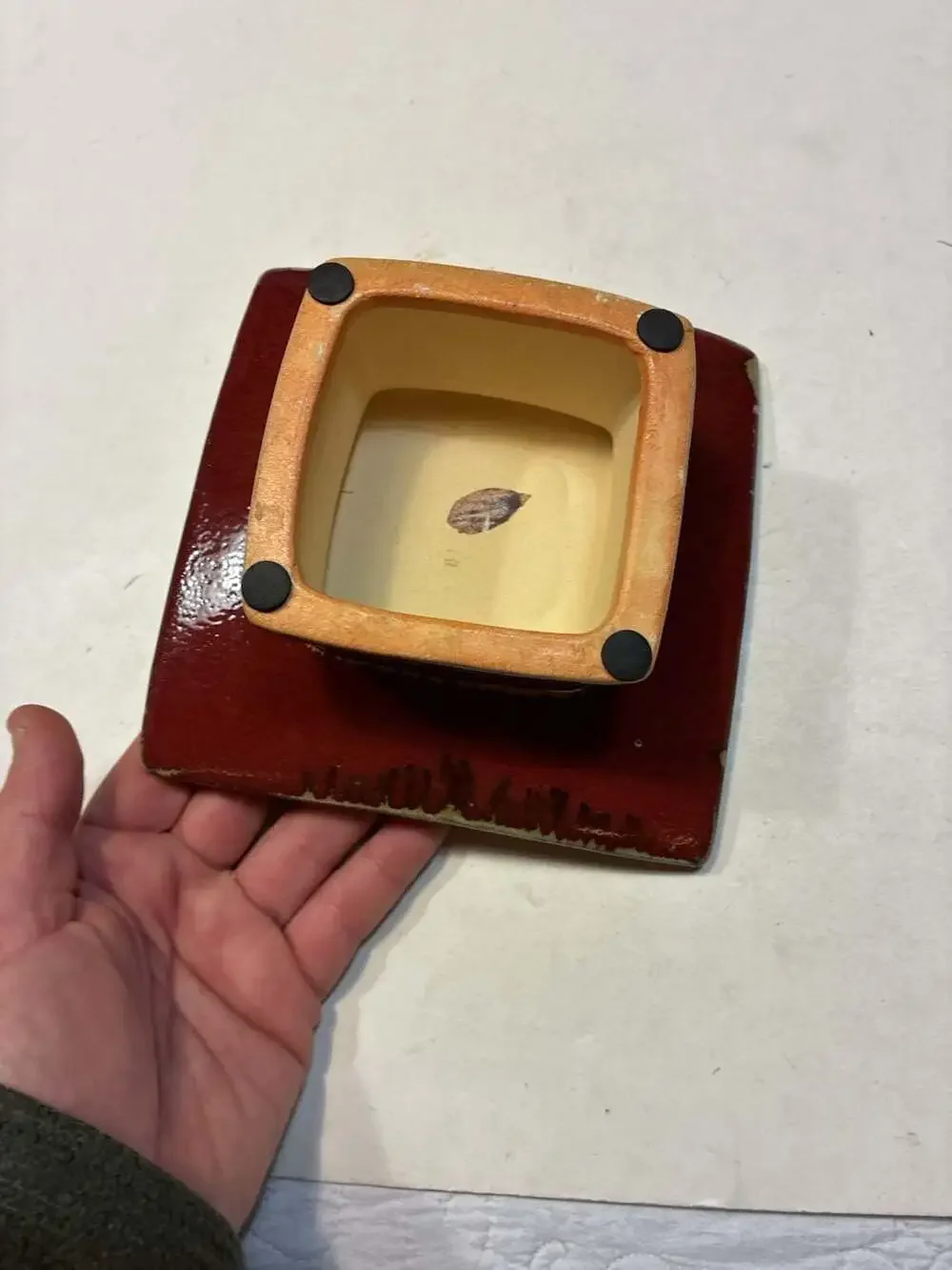 Vintage Mid-Century Modern Square Fat Lava Pottery Pedestal Dish